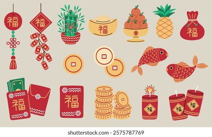 Chinese New Year lucky charms and elements for good fortune. Hand drawn vector illustrations of bamboo plant, red envelopes, mandarin oranges, pineapple, fish, firecrackers, and gold coins.