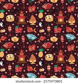 Chinese New Year lucky charms and good fortune elements on maroon vector seamless pattern design.