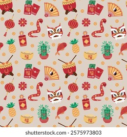 Chinese New Year lucky charms on light mocha vector seamless pattern design.