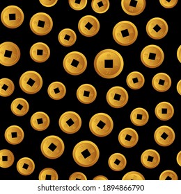 Chinese New Year lucky coin seamess pattern background  for greeting card, poster, web banner.Signs on coins in translation from Chinese mean love, money, power, eagle