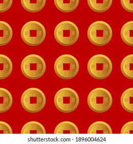 Chinese New Year lucky coin seamess pattern background  for greeting card, poster, web banner. Signs on coins in translation from Chinese mean love, money, power, eagle. Vector Illustration