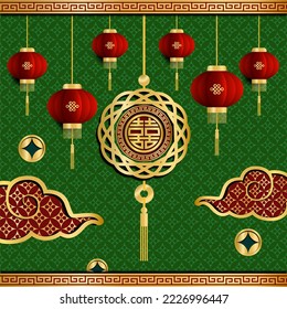 Chinese new year Lucky Knot , red green and gold  , Lantern decoration asian elements background illustration vector image