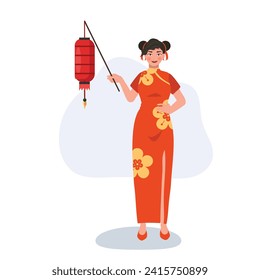 Chinese New Year, Lunar New Year Cultural Delight. Beautiful Woman Holding Red Lantern