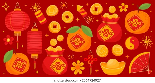 Chinese New Year, Lunar New Year, Tet. Symbols of wealth, prosperity, luck on red background. Tangerines, coins, gold, lanterns, flowers, knot, fan, firecrackers.