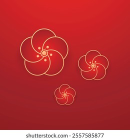 Chinese new year luxury. Oriental flower gold line art texture on red background. Design illustration for wallpaper, card, poster, packaging, advertising.
