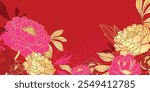 Chinese new year luxury pattern background vector. Oriental peony flower and leaves gold line art on red background. Design illustration for wallpaper, poster, banner, packaging, advertising.