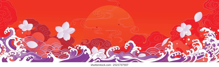 Vector de fondo de patrón de lujo de año nuevo chino. Elegante ola de mar, viento, flor de la línea de oro textura de arte sobre fondo rojo. Ilustración de diseño para Fondo de pantalla, tarjeta, póster, embalaje, anuncios.