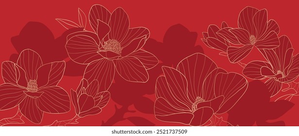 Vetor de fundo de padrão de luxo do ano novo chinês. Textura da arte da linha de ouro da flor oriental sobre fundo vermelho. Ilustração de design para papel de parede, cartão, cartaz, embalagem, publicidade.