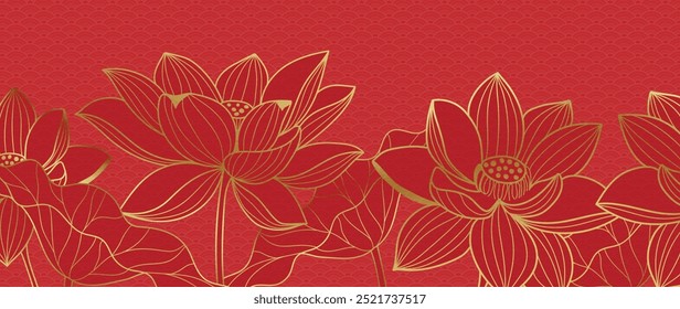 Vector de fondo de patrón de lujo de año nuevo chino. Flor de loto oriental línea de oro textura de arte sobre fondo rojo. Ilustración de diseño para Fondo de pantalla, tarjeta, cartel, embalaje, publicidad.