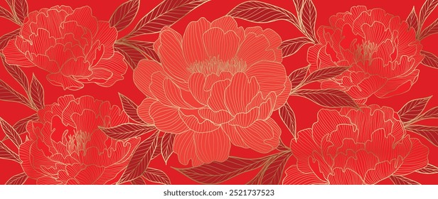 Vector de fondo de patrón de lujo de año nuevo chino. Flor de peonía oriental textura de arte de línea de oro sobre fondo rojo. Ilustración de diseño para Fondo de pantalla, tarjeta, cartel, embalaje, publicidad.