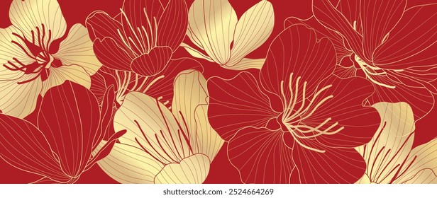 Vetor de fundo de padrão de luxo do ano novo chinês. Textura de arte de linha de ouro de flor de peônia oriental sobre fundo vermelho. Ilustração de design para papel de parede, cartão, cartaz, embalagem, publicidade.