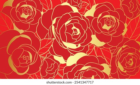 Vector de fondo de patrón de lujo de año nuevo chino. Flor de peonía oriental textura de arte de línea de oro sobre fondo rojo. Ilustración de diseño para Fondo de pantalla, tarjeta, cartel, embalaje, publicidad.