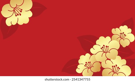Chinese new year luxury pattern background vector. Oriental cherry blossom flower gold line art texture on red background. Design illustration for wallpaper, card, poster, packaging, advertising.