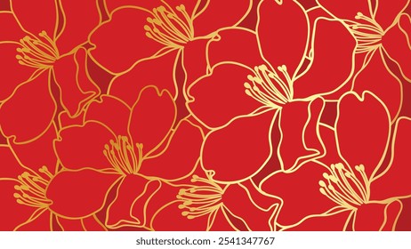 Vector de fondo de patrón de lujo de año nuevo chino. Flor de peonía oriental textura de arte de línea de oro sobre fondo rojo. Ilustración de diseño para Fondo de pantalla, tarjeta, cartel, embalaje, publicidad.