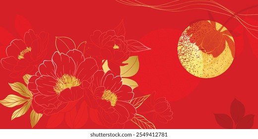 Vector de fondo de patrón de lujo de año nuevo chino. Flor de peonía oriental y hojas de oro arte de línea sobre fondo rojo. Ilustración de diseño para Fondo de pantalla, póster, Anuncio, embalaje, publicidad.