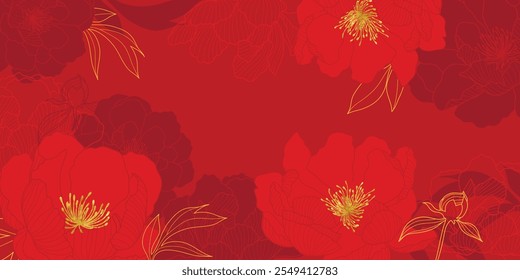 Vector de fondo de patrón de lujo de año nuevo chino. Flor de peonía oriental y hojas de oro arte de línea sobre fondo rojo. Ilustración de diseño para Fondo de pantalla, póster, Anuncio, embalaje, publicidad.