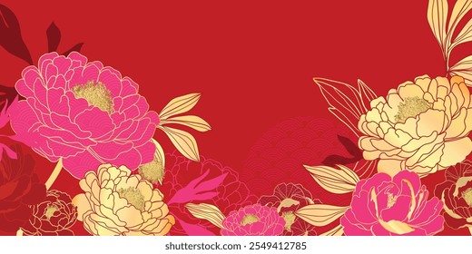 Chinese new year luxury pattern background vector. Oriental peony flower and leaves gold line art on red background. Design illustration for wallpaper, poster, banner, packaging, advertising.