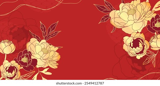 Chinese new year luxury pattern background vector. Oriental peony flower and leaves gold line art on red background. Design illustration for wallpaper, poster, banner, packaging, advertising.