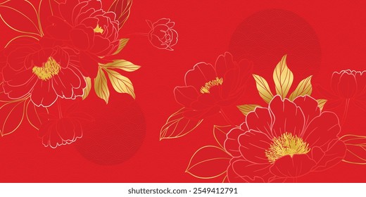 Chinese new year luxury pattern background vector. Oriental peony flower and leaves gold line art on red background. Design illustration for wallpaper, poster, banner, packaging, advertising.