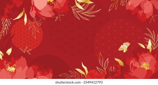 Vector de fondo de patrón de lujo de año nuevo chino. Flor de peonía oriental y hojas de oro arte de línea sobre fondo rojo. Ilustración de diseño para Fondo de pantalla, póster, Anuncio, embalaje, publicidad.