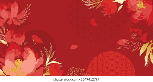 Vector de fondo de patrón de lujo de año nuevo chino. Flor de peonía oriental y hojas de oro arte de línea sobre fondo rojo. Ilustración de diseño para Fondo de pantalla, póster, Anuncio, embalaje, publicidad.