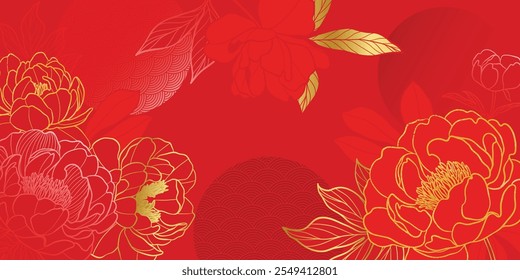 Chinese new year luxury pattern background vector. Oriental peony flower and leaves gold line art on red background. Design illustration for wallpaper, poster, banner, packaging, advertising.