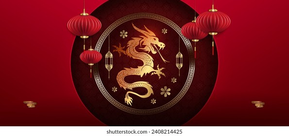 Chinese New Year. Magnificent illustration, round frame with a dragon and air lanterns.