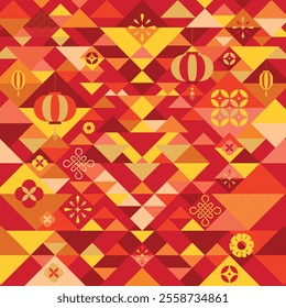 chinese new year modern art design with abstract pattern, golden coin, firework, lantern, chinese knot and cherry blossom