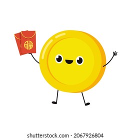Chinese New Year Money Pack vector. Chinese money pack vector. Vector flat long shadow design. word "Fu" means - Good luck. Coin character design.
