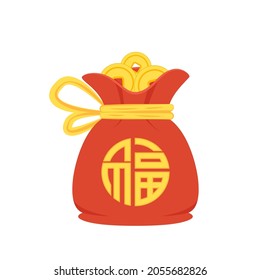 Chinese New Year Money pocket vector. Chinese money bag vector. Vector flat long shadow design. word "Fu" means - Good luck.