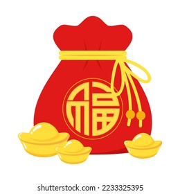 Vector de bolsillo del New Year Money chino. Vector de bolsas de dinero chinas. Diseño de sombras planas vectoriales. la palabra "Fu" significa - Buena suerte.