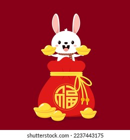 Vector de bolsillo del New Year Money chino. Vector de bolsas de dinero chinas. Diseño de sombras planas vectoriales. la palabra "Fu" significa - Buena suerte. Año de conejo. Año Nuevo Chino 2023.