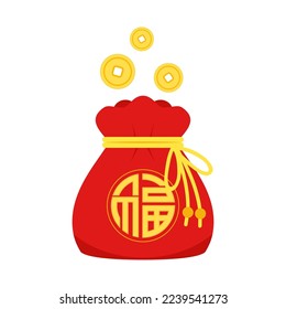 Chinese New Year Money pocket vector. Chinese money bag vector. Vector flat long shadow design. word "Fu" means - Good luck.