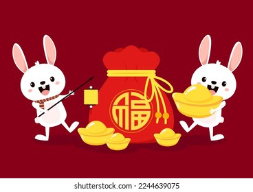 Vector de bolsillo del New Year Money chino. Vector de bolsas de dinero chinas. Diseño de sombras planas vectoriales. la palabra "Fu" significa - Buena suerte. Año de conejo. Año Nuevo Chino 2023.