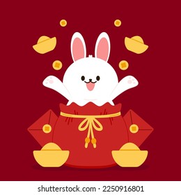 Chinese New Year Money pocket vector. Rabbit in Rad bag. Chinese money bag vector. Good luck. Year of rabbit. Chinese New Year 2023.