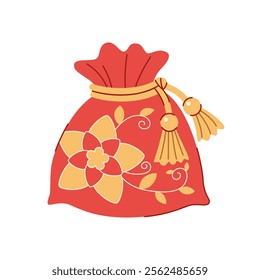 Chinese New Year money pocket. Lucky bag of coins, decorated with a pattern and tied with a tassel string. White background.