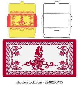 Chinesisches New Year Money Red Envelope Ang Pau Packet mit Die Schnitt Horizontal Layout dekoriert von orientalischen Blumen-Ornamenten Set Muster, Kartendecke Hintergrund leere Vorlage Vektorgrafik