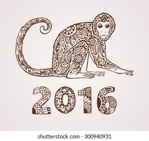 Chinese New Year. Year of the Monkey. Beautiful hand drawn monkey with doodle ornament and figures 2016. Symbol 2016. Fire. postcard, price, congratulations