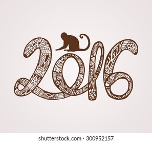 Chinese New Year. Year of the Monkey. Beautiful hand drawn monkey with doodle ornament and figures 2016. Symbol 2016. Fire. postcard, price, congratulations