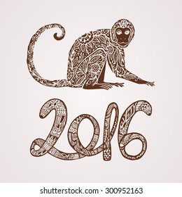 Chinese New Year. Year of the Monkey. Beautiful hand drawn monkey with doodle ornament and figures 2016. Symbol 2016. Fire. postcard, price, congratulations