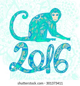 Chinese New Year. Year of the Monkey. Beautiful hand drawn monkey with doodle ornament and figures Symbol  2016. Fire. postcard, price, congratulations. Bright colors