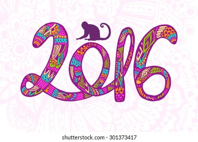 Chinese New Year. Year of the Monkey. Beautiful hand drawn monkey with doodle ornament and figures Symbol  2016. Fire. postcard, price, congratulations. Bright colors