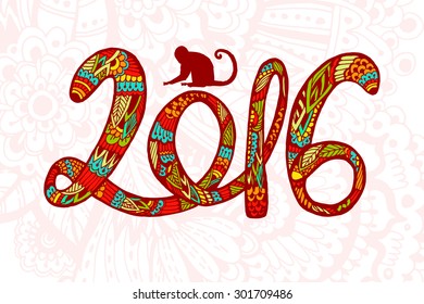 Chinese New Year. Year of the Monkey. Beautiful hand drawn monkey with doodle ornament and figures Symbol  2016. Fire. postcard, price, congratulations. Bright colors