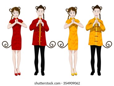 Chinese New Year Monkey People Greeting Vector Illustration