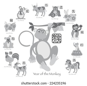 Chinese New Year of the Monkey with Twelve Zodiacs with Chinese Text Seal in Circle Grayscale Vector Illustration