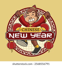 Chinese New Year Monkey Zodiac Cartoon Character in Retro Vintage Illustration for sticker, poster, flyer, brochure, invitation, greeting card, banner