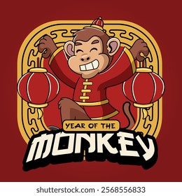 Chinese New Year Monkey Zodiac Cartoon Character in Retro Vintage Illustration