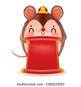 Chinese new year mouse. Cartoon rat personality. Red cheongsam dress. Zodiac symbol of the year 2020. Holding a red banner decorated with gold.  lucks year china New Year.  Cartoon vector illustration