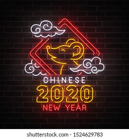 Chinese New Year neon sign, bright signboard, light banner. Chinese logo neon, emblem. 2020 Chinese. Vector illustration