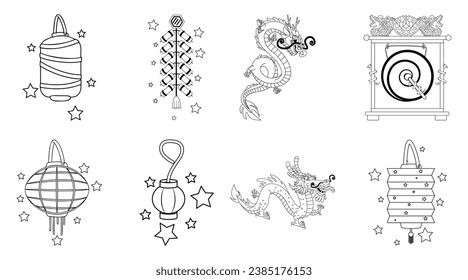 Chinese New Year Objects Isolated Retro Cartoon Vector illustration